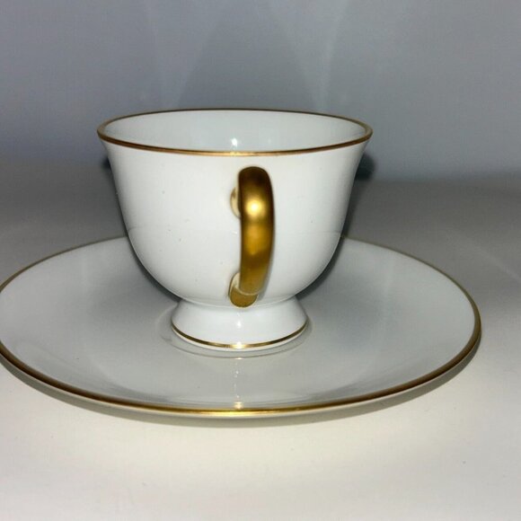 Okura Art White Porcelain Tea Cup and Saucer Set Japan 24K Gold Rims - Picture 6 of 14